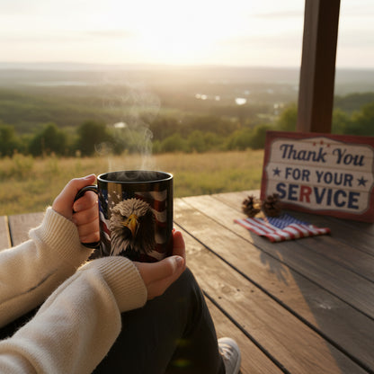 Thank You For Your Service Black Mug - Patriotic American Flag Bald Eagle - 11oz