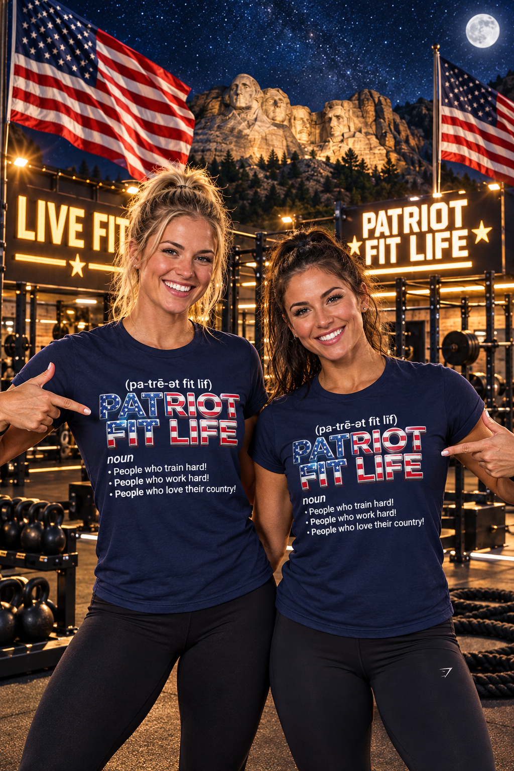 Two women posing in a gym setting, both wearing matching navy blue t-shirts with 'PATRIOT FIT LIFE' printed on the front in red, white, and blue. The background features a large illuminated 'PATRIOT FIT LIFE' sign, American flags, and Mt. Rushmore at night.