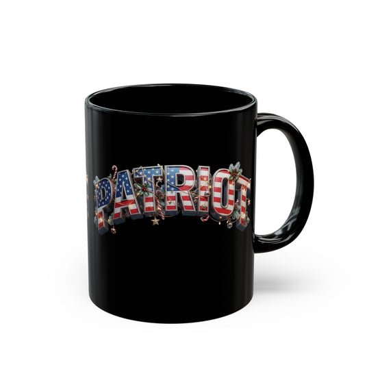 Patriot Christmas Black Coffee Mug - Flag Letters with Holly & Candy Canes | 11oz & 15oz