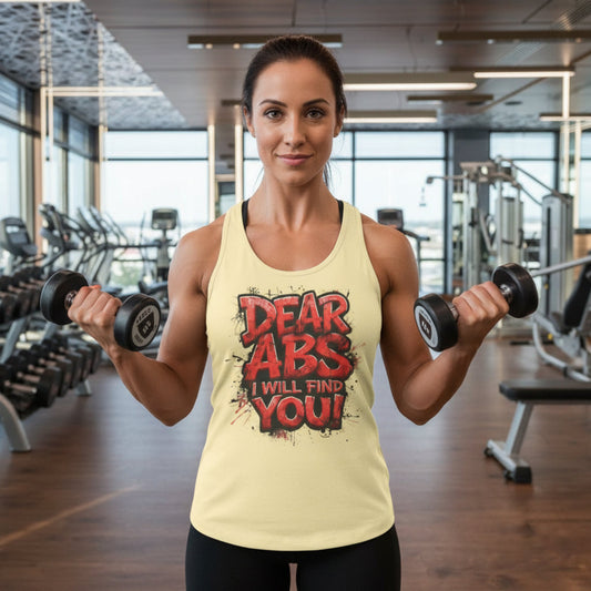 Beige tank top with 'Dear Abs I Will Find You!' text in a gym setting