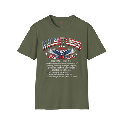 An olive green short-sleeve t-shirt with a graphic on the front. The graphic features the word 'RELENTLESS' in red, white, and blue distressed lettering, an eagle illustration, and a dictionary definition printed below in white text.