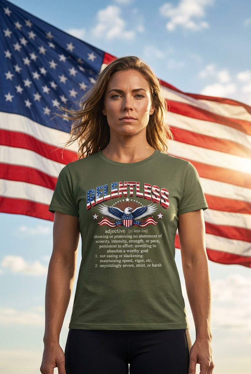 An olive green short-sleeve t-shirt with a graphic on the front. The graphic features the word 'RELENTLESS' in red, white, and blue distressed lettering, an eagle illustration, and a dictionary definition printed below in white text.