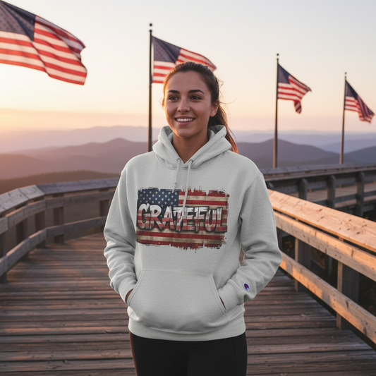 Grateful - Champion Hoodie - Vintage American Flag Design - Red White Blue - Unisex S-3XL