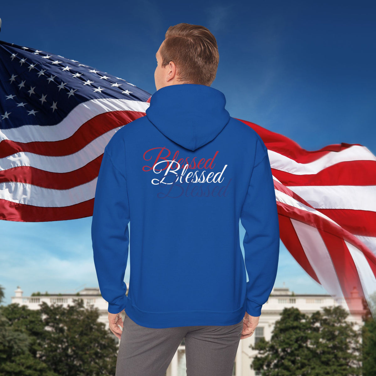 Blessed Hoodie - Patriotic Red White Blue - Unisex Pullover - Front & Back Print - S-5XL