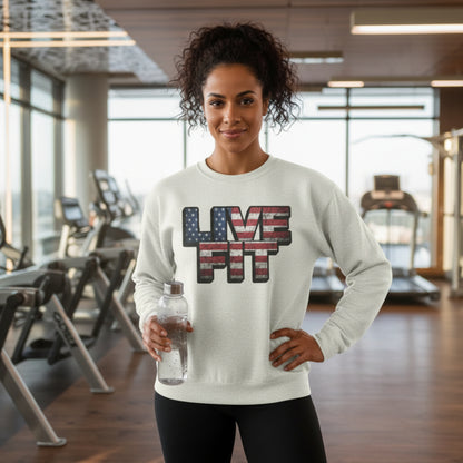Patriotic Fitness Sweatshirt - American Flag LIVE FIT Design - Red White Blue Crewneck - Unisex S-3XL