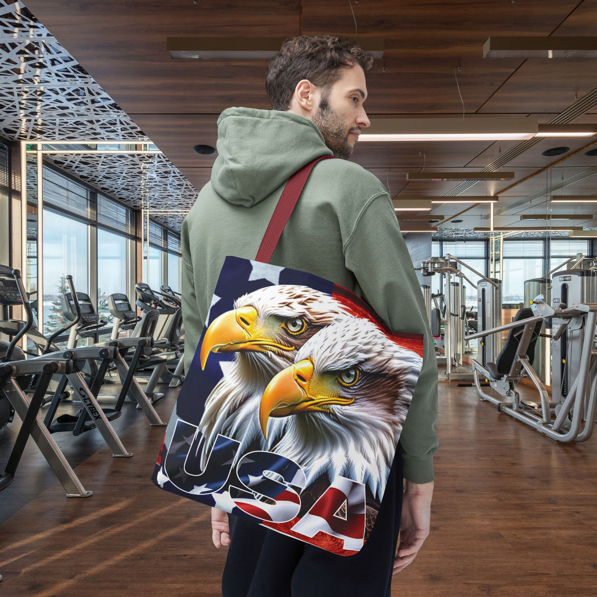 Patriotic - USA - Bald Eagles - Tote Bag - All Over Print - American Flag Design - Five Different Handle Colors - Red - Navy - Black - Beige - White- Different Print On Both Sides
