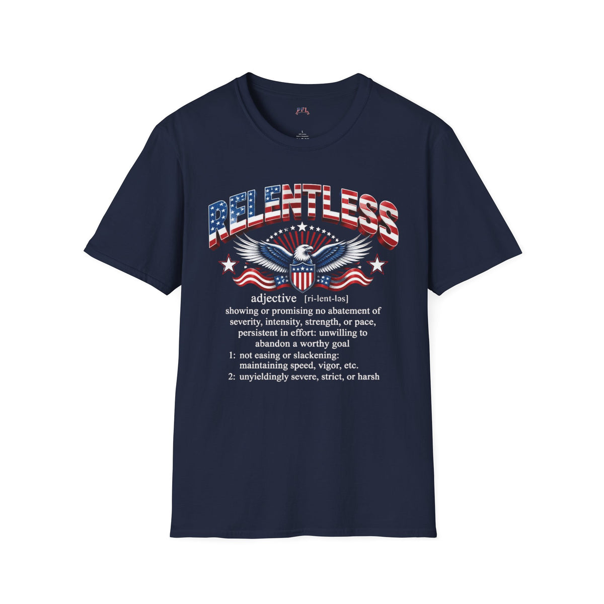 A black short-sleeve t-shirt with RELENTLESS graphic print on the front, displayed against a solid white background.
