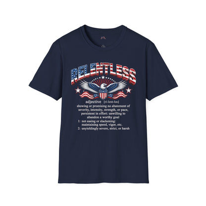 A black short-sleeve t-shirt with RELENTLESS graphic print on the front, displayed against a solid white background.