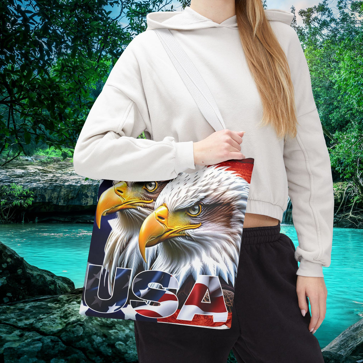 Patriotic - USA - Bald Eagles - Tote Bag - All Over Print - American Flag Design - Five Different Handle Colors - Red - Navy - Black - Beige - White- Different Print On Both Sides