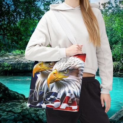 Patriotic - USA - Bald Eagles - Tote Bag - All Over Print - American Flag Design - Five Different Handle Colors - Red - Navy - Black - Beige - White- Different Print On Both Sides