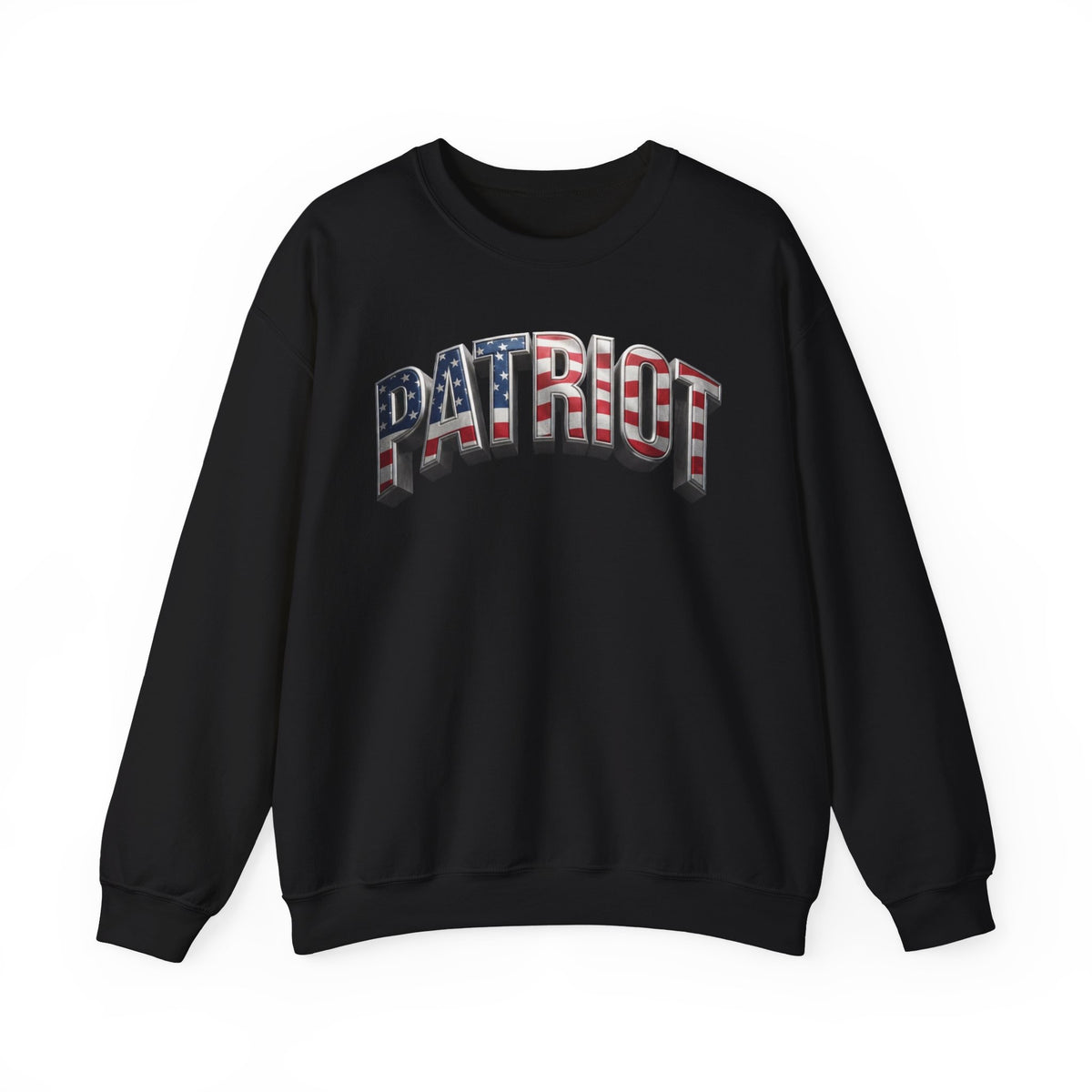 A black crewneck sweatshirt featuring the word 'PATRIOT' printed across the chest in an arched, 3D block font filled with an American flag pattern of red and white stripes and a blue field with white stars.