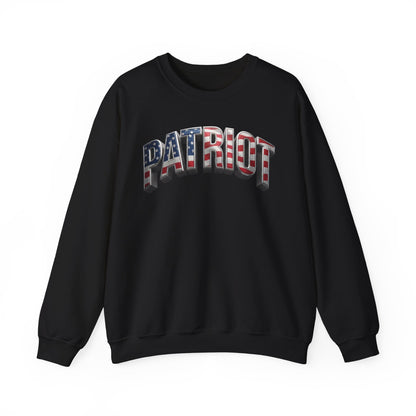 A black crewneck sweatshirt featuring the word 'PATRIOT' printed across the chest in an arched, 3D block font filled with an American flag pattern of red and white stripes and a blue field with white stars.