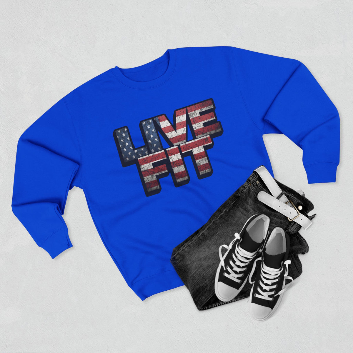 Patriotic Fitness Sweatshirt - American Flag LIVE FIT Design - Red White Blue Crewneck - Unisex S-3XL