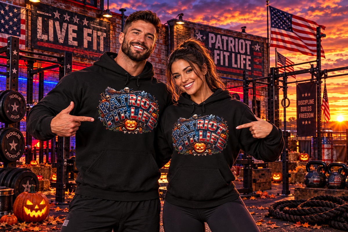 A man and a woman posing together in a gym at sunset, both wearing matching black hoodies with a colorful patriotic 'Patriot Fit Life' Halloween graphic on the front.
