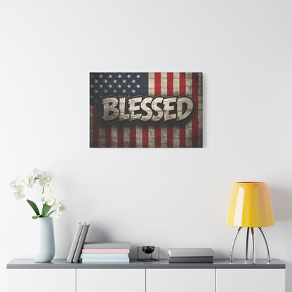 Blessed Vintage American Flag Canvas Wall Art - Patriotic Home Decor
