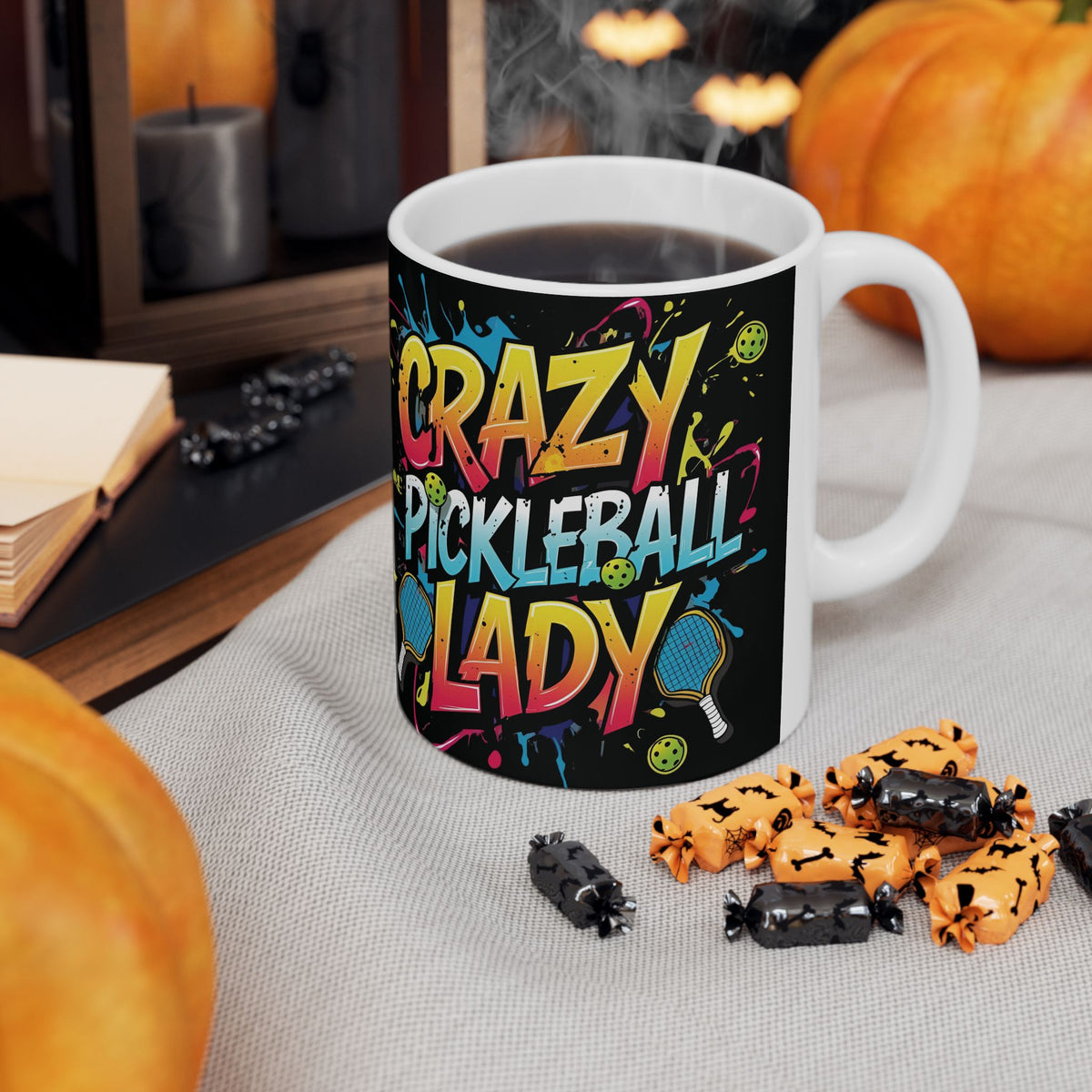 Crazy Pickleball Lady Mug - Colorful Design - 11oz/15oz - Funny Pickleball Gift