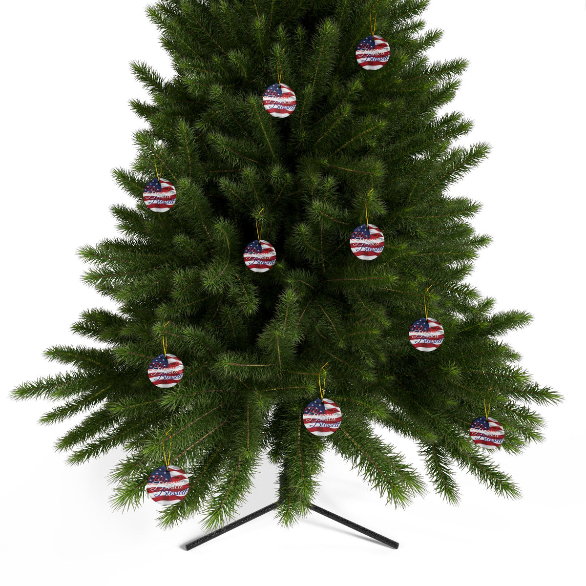 Patriotic Ceramic Ornaments - Blessed Design - American Flag Backdrop - Red White & Blue Blessed Print Design - (Multi-Pack) Options (1, 3, 5, or 10 pieces)