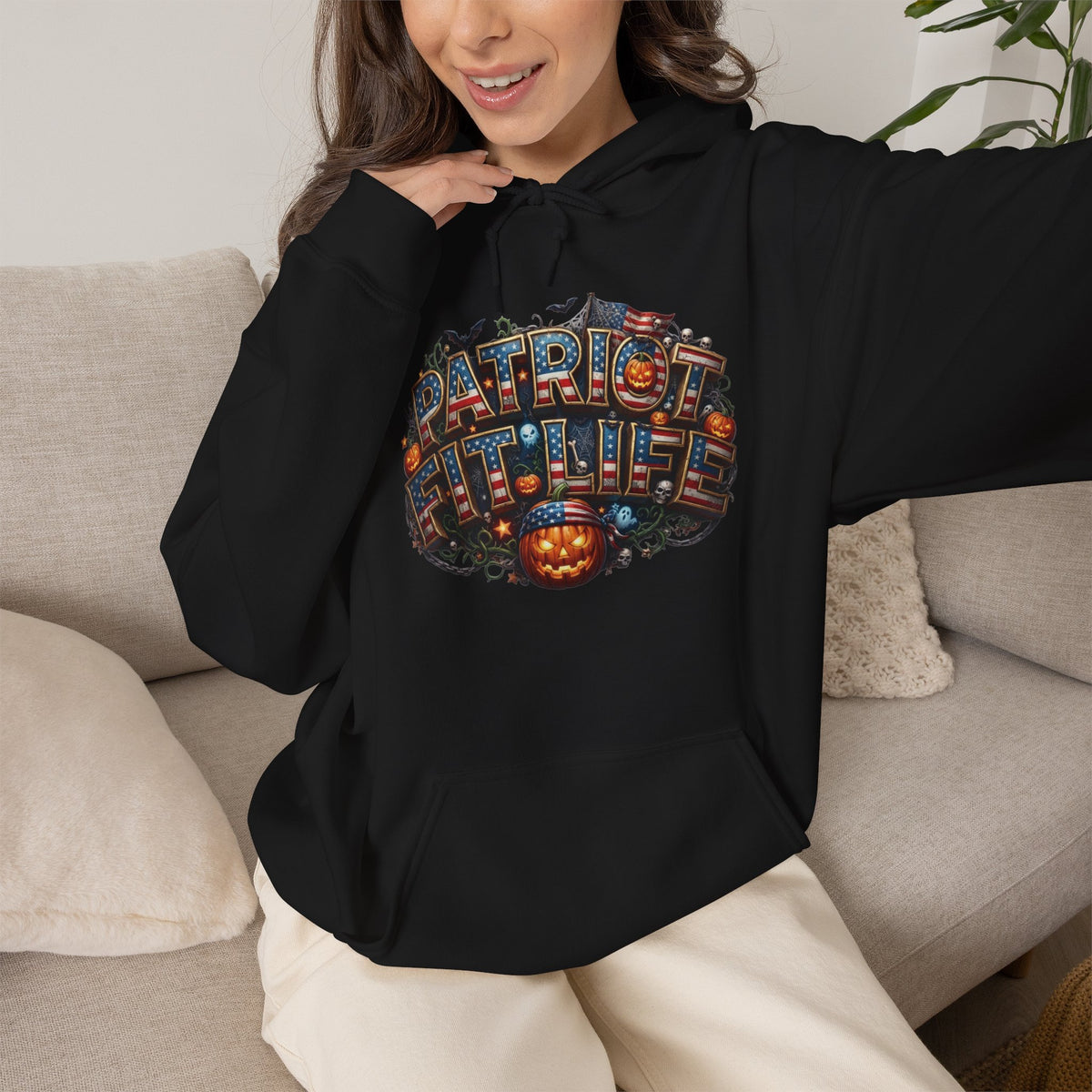 Patriot Fit Life Halloween Pumpkin Haunted House Hoodie - Vintage Spooky Scene