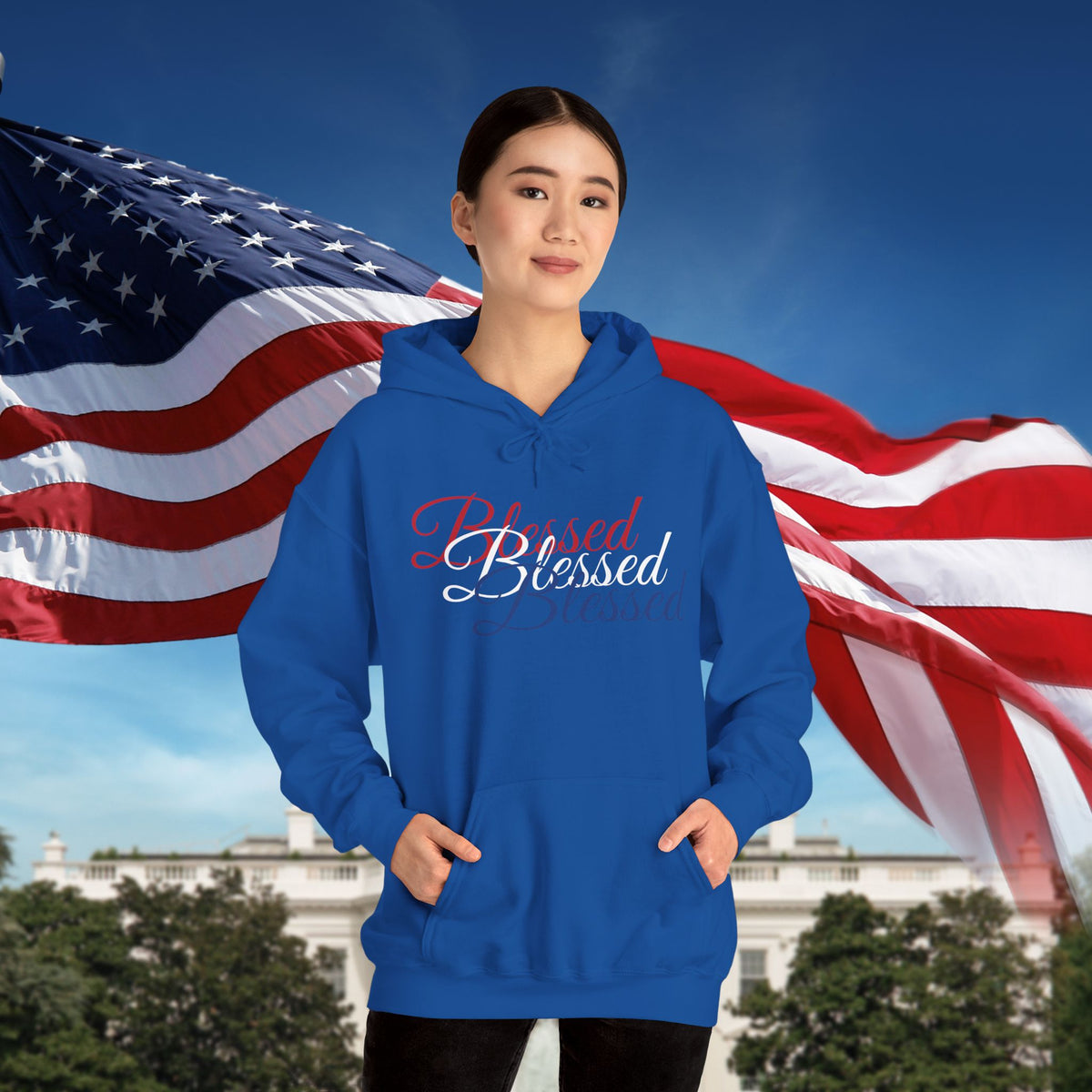 Blessed Hoodie - Patriotic Red White Blue - Unisex Pullover - Front & Back Print - S-5XL