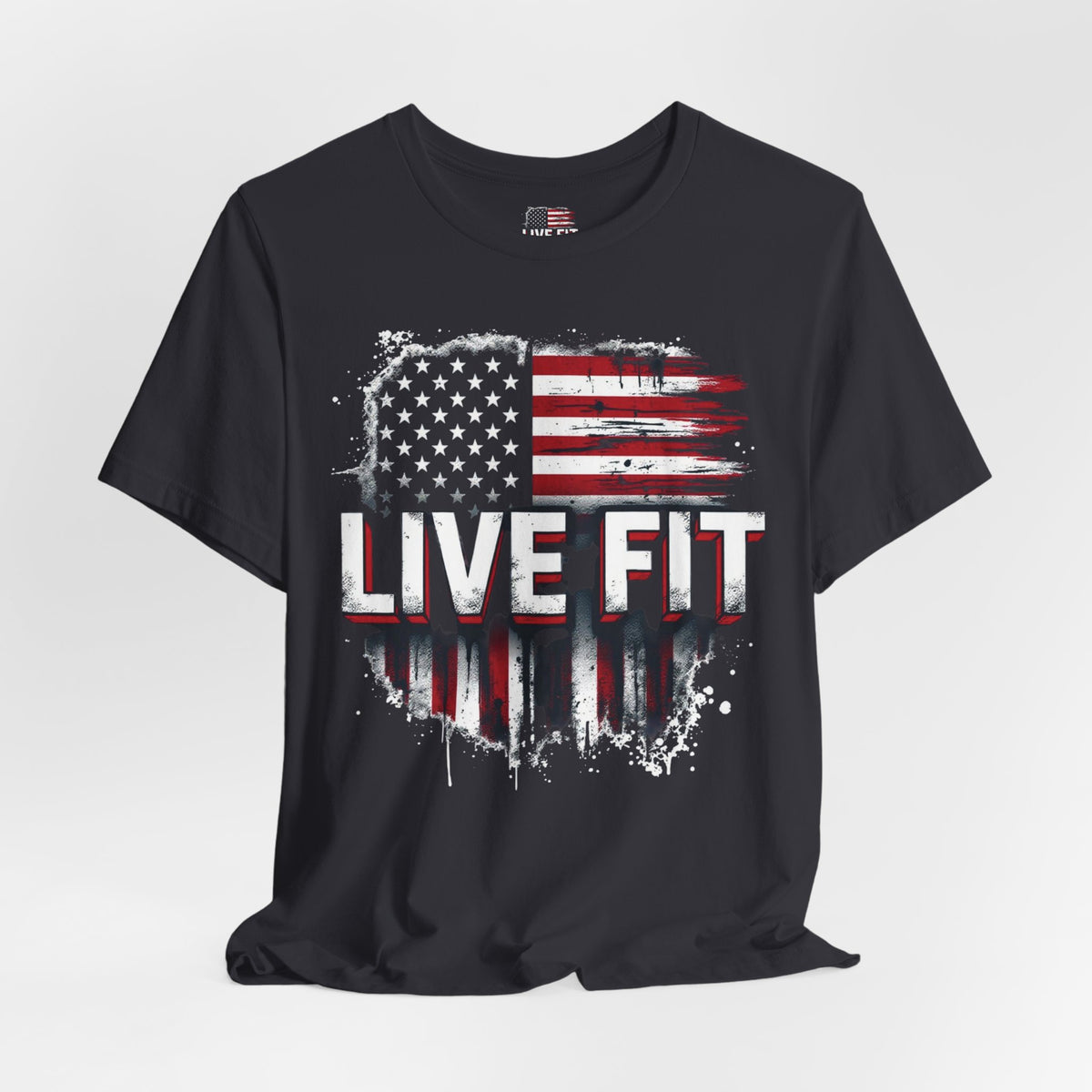 LIVE FIT American Flag T-Shirt - Patriotic Fitness Tee - Distressed USA Flag Design