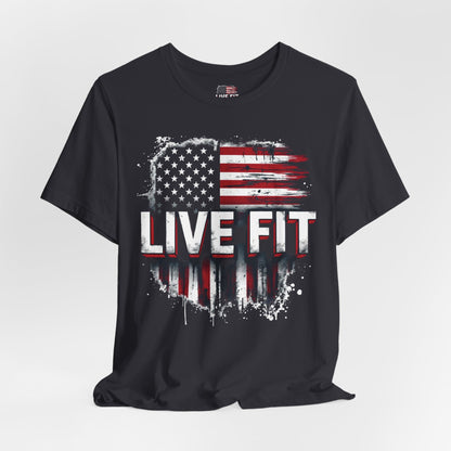 LIVE FIT American Flag T-Shirt - Patriotic Fitness Tee - Distressed USA Flag Design