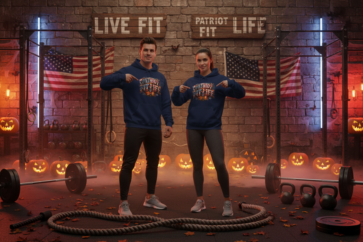 A man and a woman pose in a gym wearing matching navy blue hoodies with a Halloween patriotic graphic that reads 'Patriot Fit Life.' The background features brick walls, American flags, glowing jack-o'-lanterns, weight racks, kettlebells, and a coiled rope.