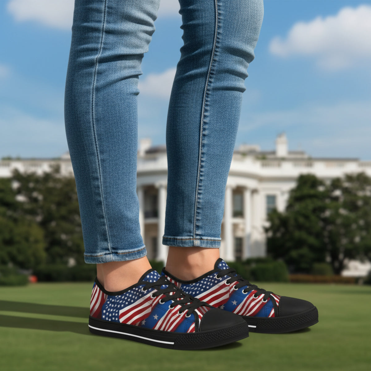 Patriotic - Women's Low Top Sneakers - Stars & Stripes Design - White Sole & Black Sole to Choose From