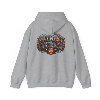 A light gray pullover hoodie shown from the back, featuring a large, detailed graphic print of the phrase 'PATRIOT FIT LIFE' in a decorative, Halloween-themed font with a jack-o'-lantern pumpkin.