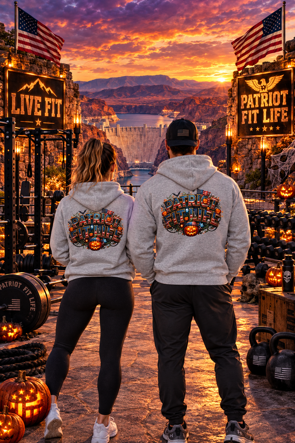 Patriot Fit Life Halloween Hoodie - Haunted Marquee Flag Graphic | Skeleton Pumpkin | Unisex S-5XL