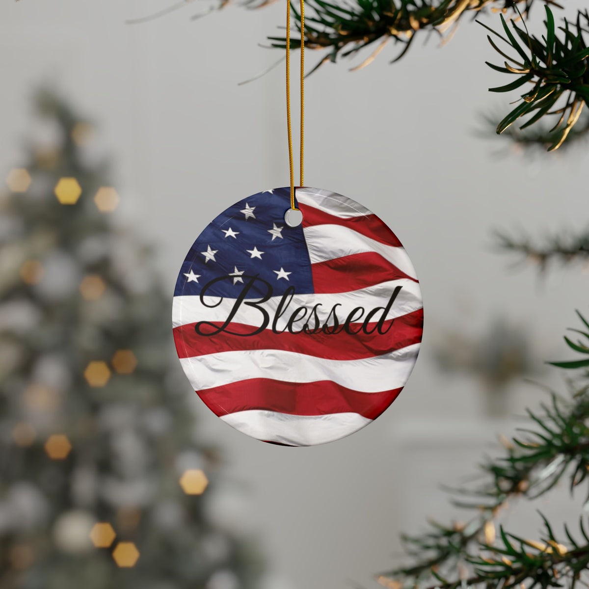 Ceramic Ornaments - Patriotic - Blessed Print - American Flag Backdrop - Red White & Blue