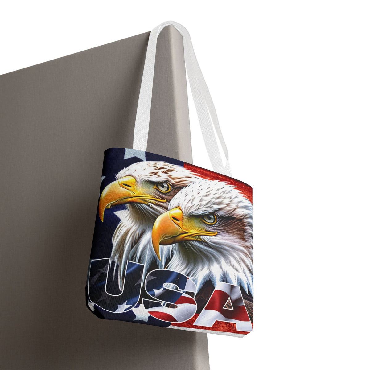 Patriotic - USA - Bald Eagles - Tote Bag - All Over Print - American Flag Design - Five Different Handle Colors - Red - Navy - Black - Beige - White- Different Print On Both Sides