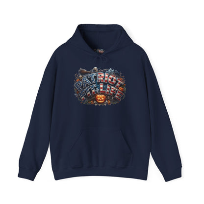 Patriot Fit Life Halloween Hoodie - Haunted Marquee Flag Graphic | Skeleton Pumpkin | Unisex S-5XL