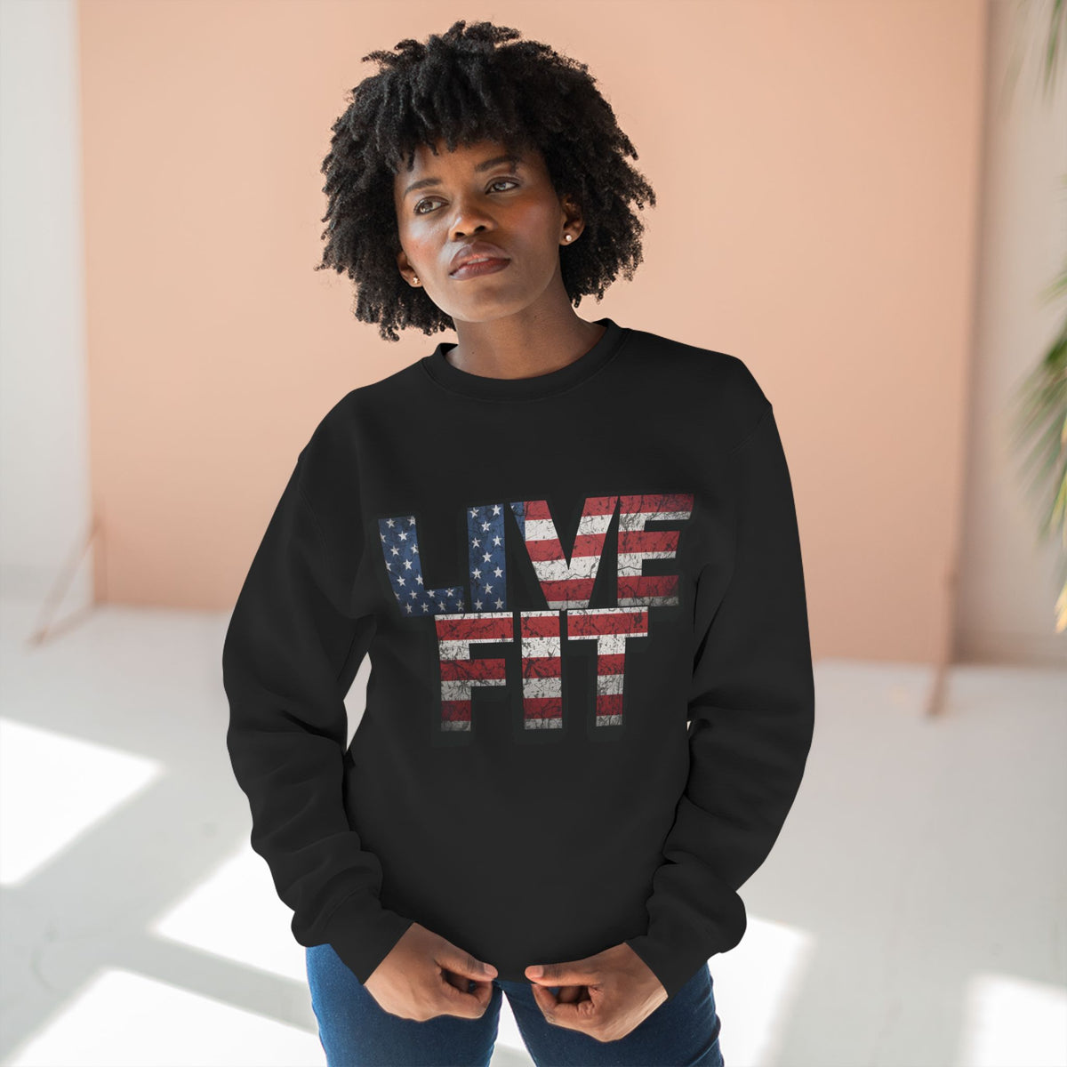 Patriotic Fitness Sweatshirt - American Flag LIVE FIT Design - Red White Blue Crewneck - Unisex S-3XL
