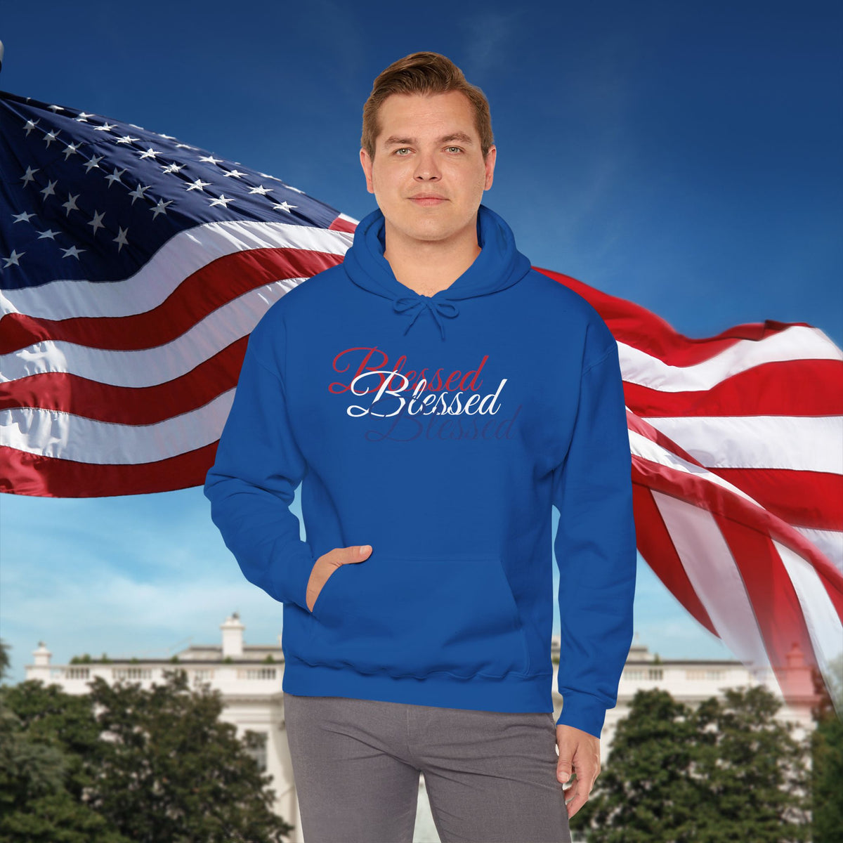 Blessed Hoodie - Patriotic Red White Blue - Unisex Pullover - Front & Back Print - S-5XL