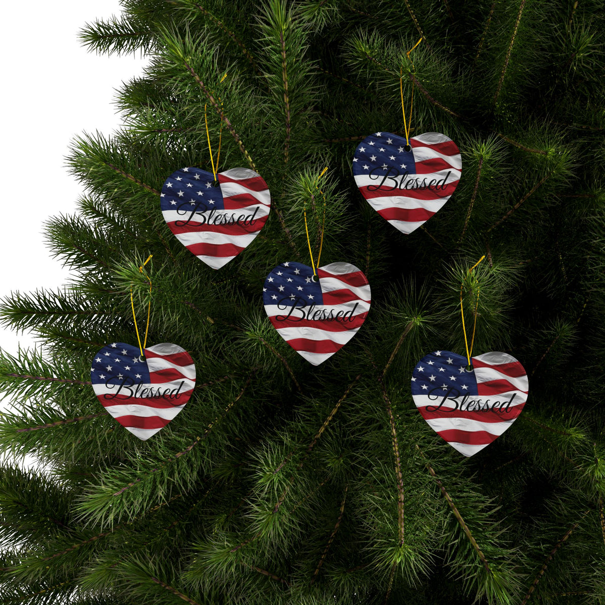 Ceramic Ornaments - Patriotic - Blessed Print - American Flag Backdrop - Red White & Blue