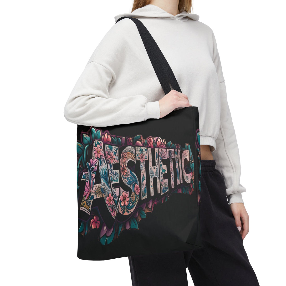 Aesthetic Black Floral Tote Bag - Eco-Friendly Shopping Bag - 3 Sizes