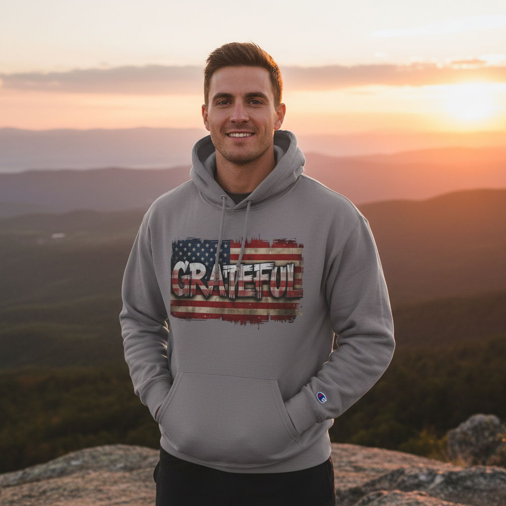Grateful - Champion Hoodie - Vintage American Flag Design - Red White Blue - Unisex S-3XL