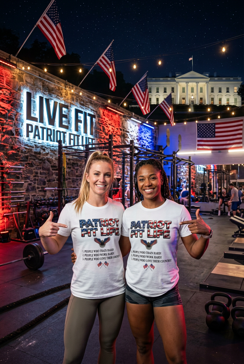 Two women posing together at night at an outdoor gym, wearing matching white t-shirts with a patriotic red, white, and blue 'PATRIOT FIT LIFE' graphic. The background features a stone wall with a large 'LIVE FIT PATRIOT FIT LIFE' sign, American flags, and a lit-up White House in the background.
