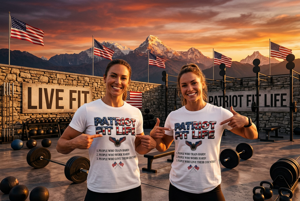 Two smiling women standing in a gym setting at sunset, wearing matching white graphic T-shirts that read 'PATRIOT FIT LIFE' with patriotic text and eagle/flag graphics. Background includes mountains, American flags, stone walls, and exercise equipment.
