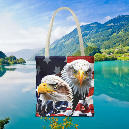 Patriotic - USA - Bald Eagles - Tote Bag - All Over Print - American Flag Design - Five Different Handle Colors - Red - Navy - Black - Beige - White- Different Print On Both Sides