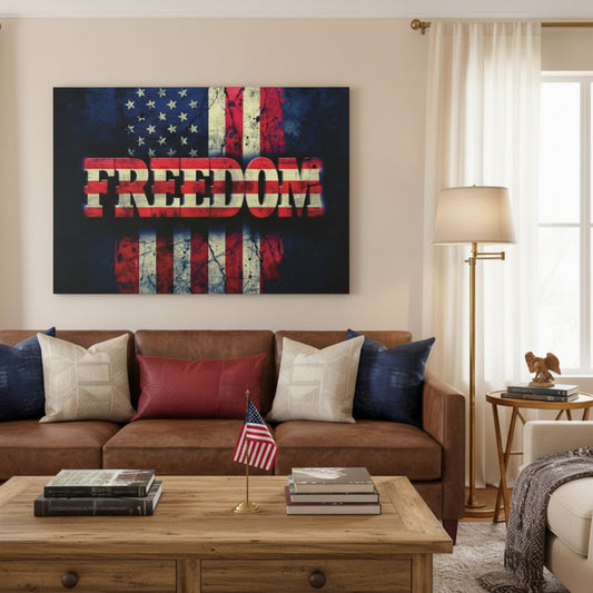Freedom Canvas Wall Art - Patriotic Vintage American Flag - Gallery Wrapped - Red White Blue - 35 Sizes Available