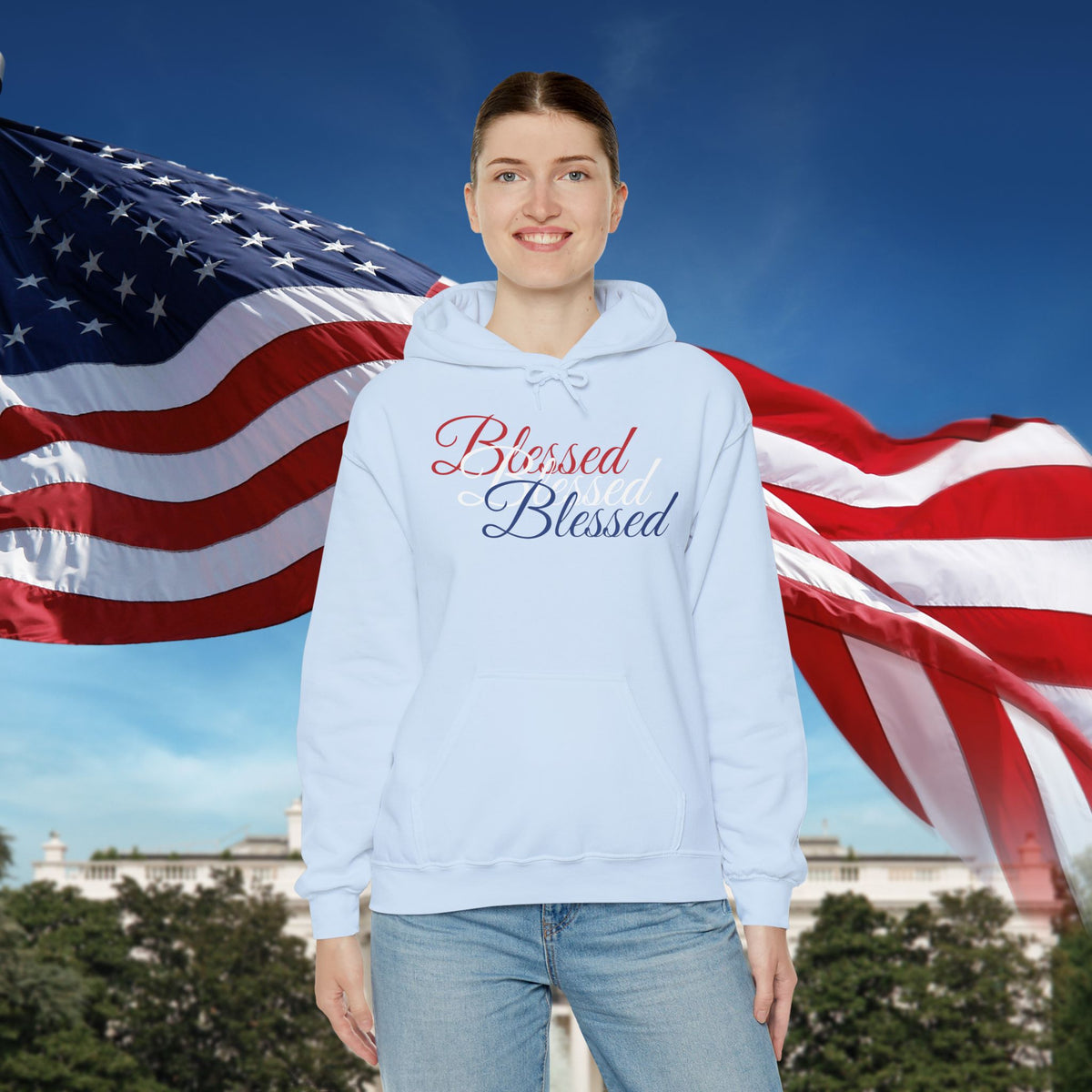 Blessed Hoodie - Patriotic Red White Blue - Unisex Pullover - Front & Back Print - S-5XL