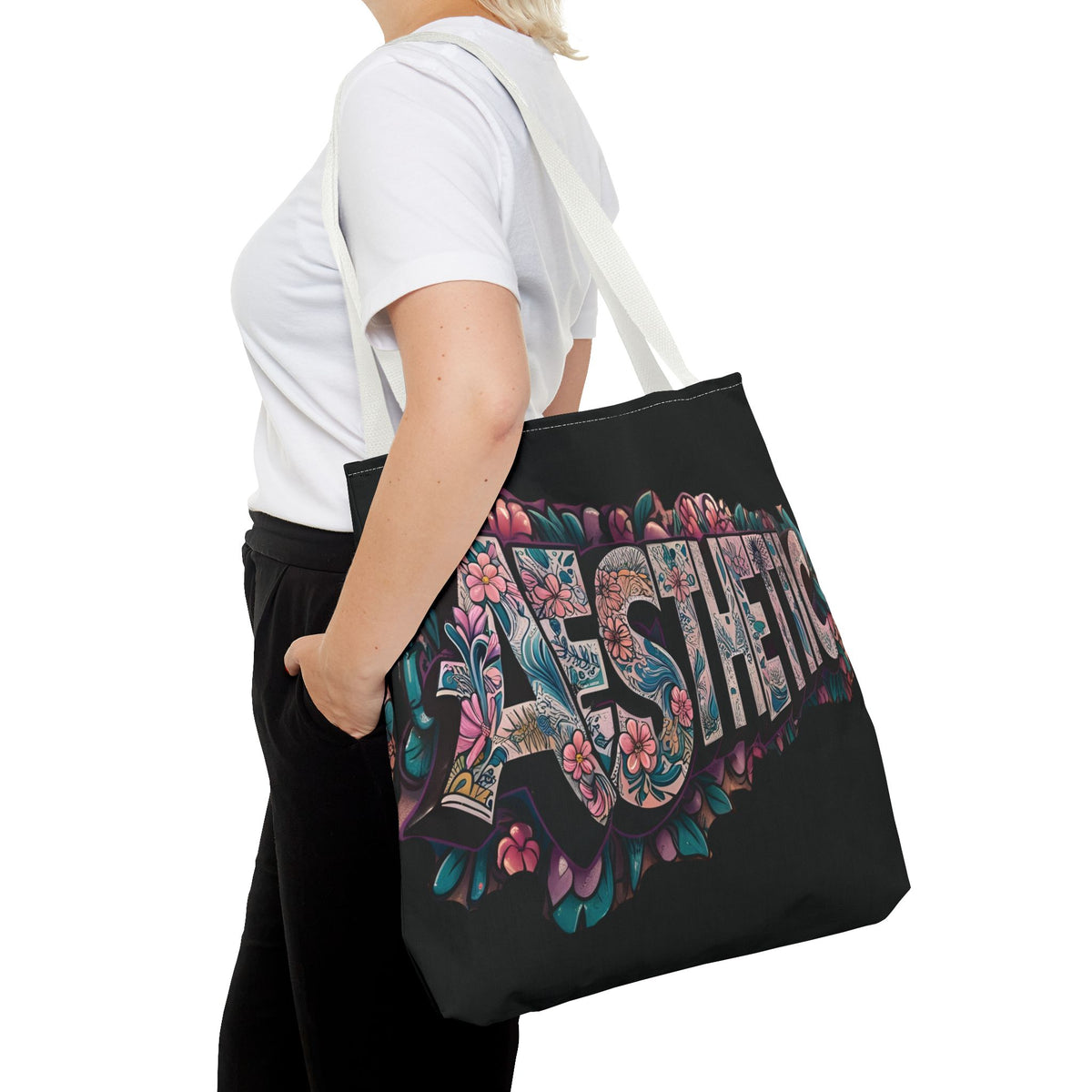 Aesthetic Black Floral Tote Bag - Eco-Friendly Shopping Bag - 3 Sizes