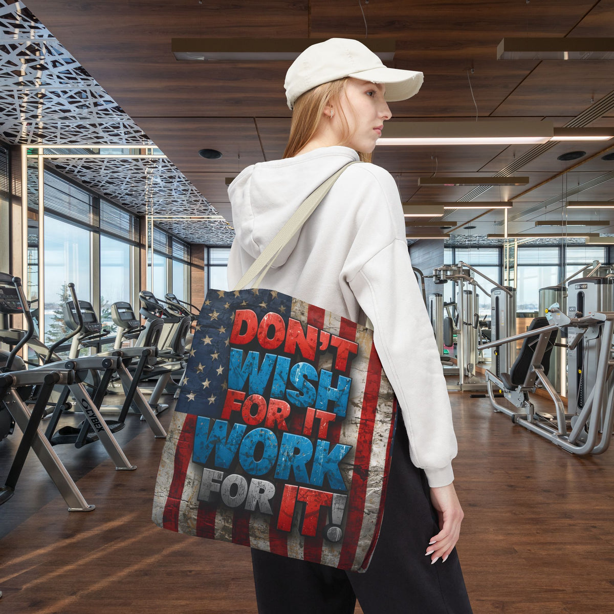 Motivational Tote Bag - Vintage American Flag Design - Don't Wish For It Work For It! - Gym - Grocery - Travel - Gifts - Everyday Carry