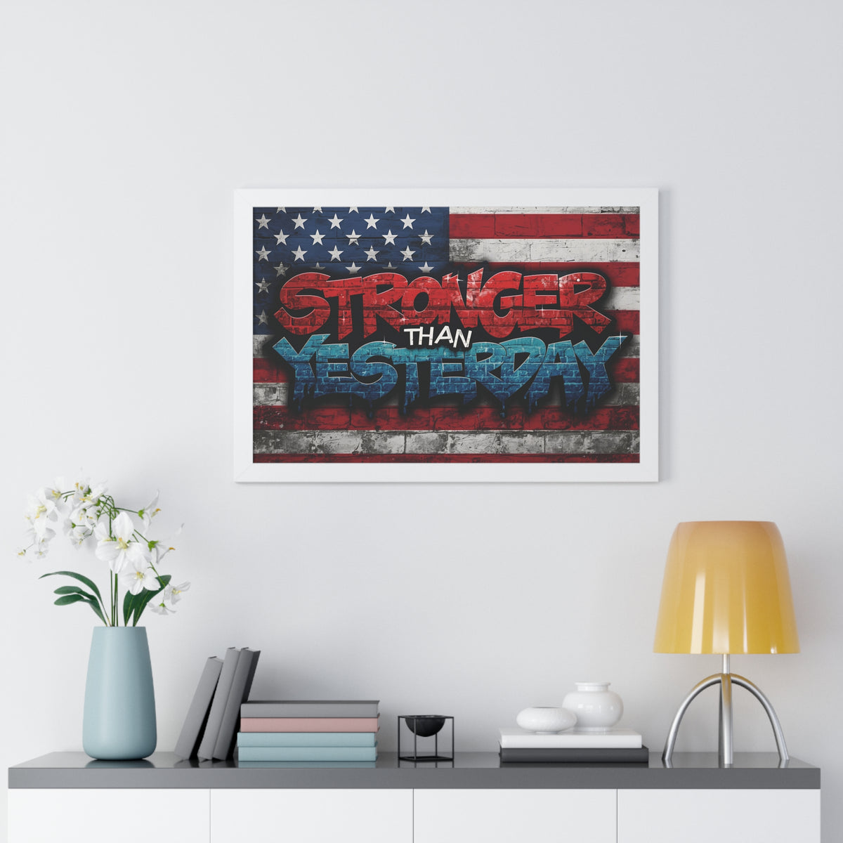 Patriotic Stronger Than Yesterday - Red White Blue - Wall Art Print, Framed Horizontal Poster, Inspirational Home Decor, Gift for Veterans, Americana Decor, Motivational Art