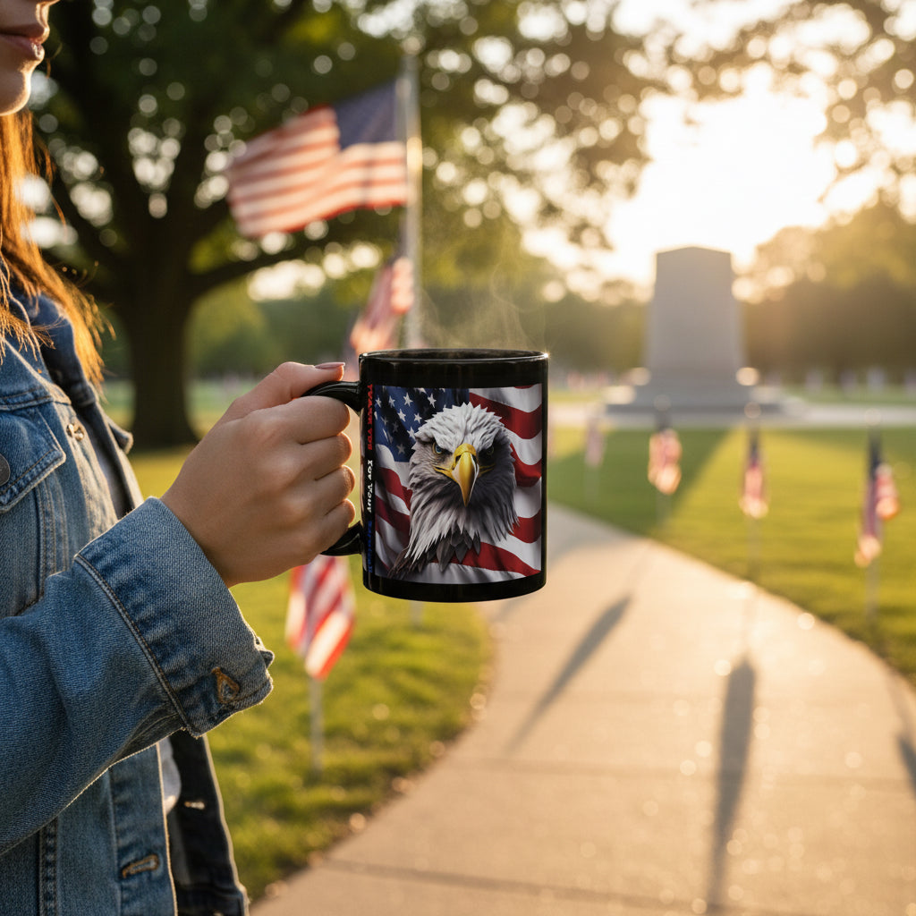 Thank You For Your Service Black Mug - Patriotic American Flag Bald Eagle - 11oz