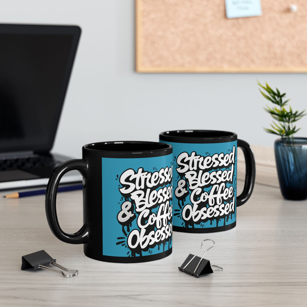 Stressed Blessed & Coffee Obsessed Mug - Black Ceramic - 11oz/15oz