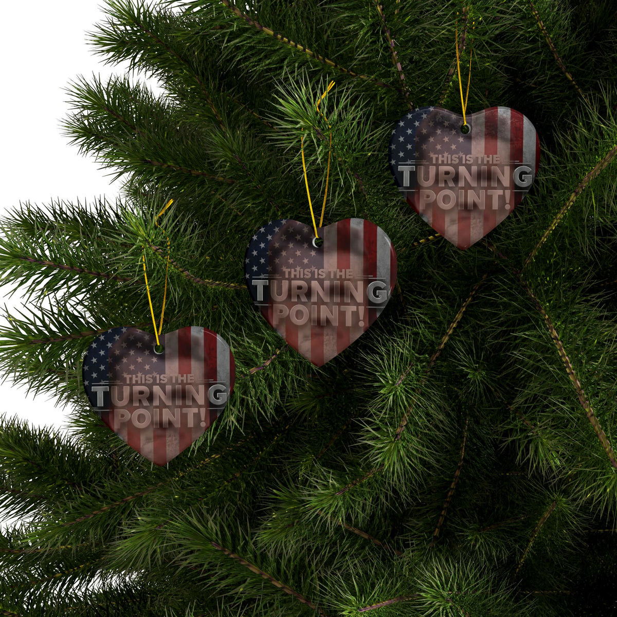 Patriotic Ceramic Ornaments - Charlie Kirk Inspired - This Is The Turning Point! - American Flag Backdrop