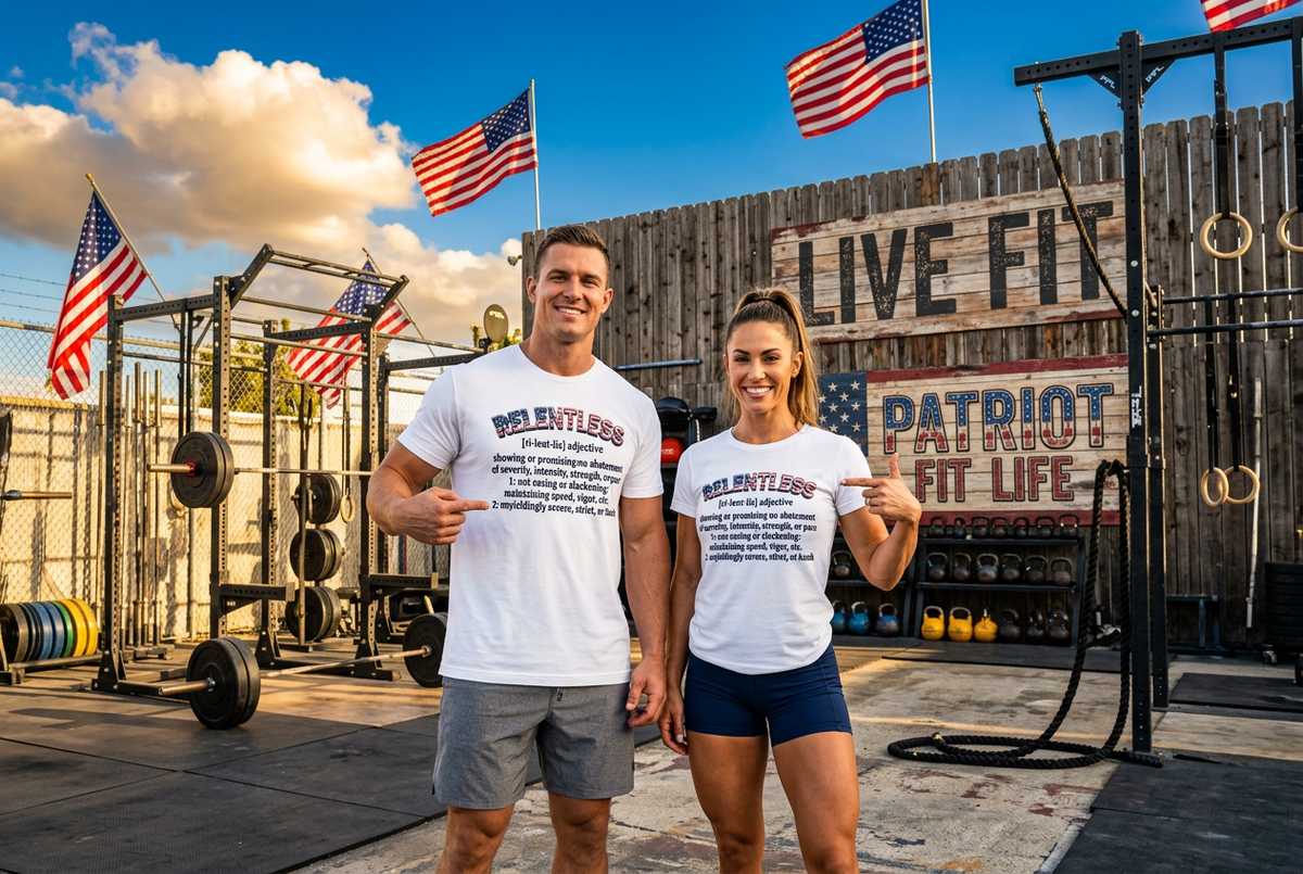 A man and a woman standing in a rustic outdoor gym wearing matching white t-shirts with the text 'RELENTLESS' printed on the front. The background features a wooden fence with 'LIVE FIT PATRIOT FIT LIFE' written on it, along with American flags and fitness equipment.