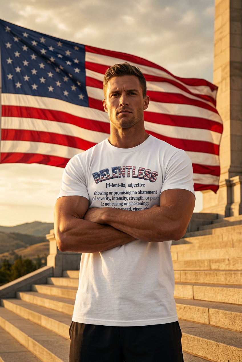 A muscular man stands on stone steps with his arms crossed, wearing a white graphic t-shirt with a patriotic red, white, and blue design featuring the word 'RELENTLESS,' and a large American flag is visible in the background.